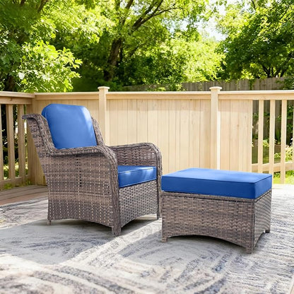 2 Pieces Patio Wicker Furniture Set, High Back Wicker Patio Chair Set with Ottoman, Outdoor Porch Chair with Thick Cushion for Balcony Deck Yard and Porch, Blue