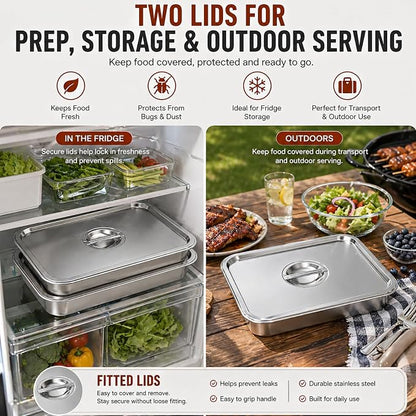 Grill Prep Tray with Lid 3-Piece Grill Carry System | Stainless Steel Marinating Container for BBQ Meat Prep, Food Storage & Transport Tray with Rack for Raw Food Handling