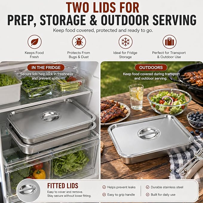 Grill Prep & Serve Tray Set with Lids 5-Piece Grill Carry System | Food Prep System for Marinating, Carrying & Serving, Stainless Steel BBQ Trays for Raw & Cooked Food Separation