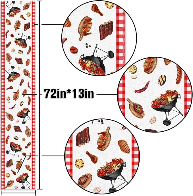 BBQ Party Table Runner Summer Barbecue Birthday Baby Shower Decoration Red and White Checkered Picnic Dining Room Home Kitchen Table Decor
