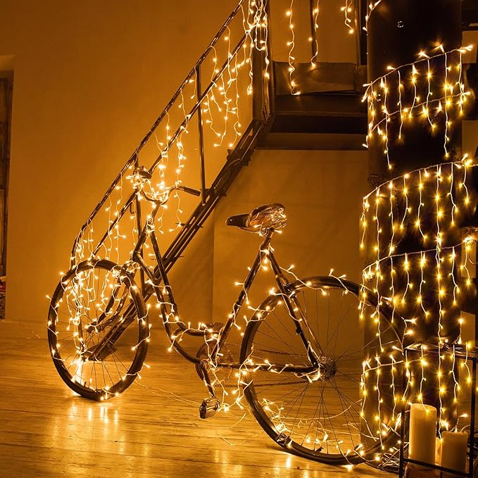66ft Icicle Lights for Outside - 640 LED Christmas Lights Outdoor with 120 Drops 8 Modes, Plug in Twinkle Light Outside for Holiday Wedding Party Tree Room Indoor Thanksgiving Decoration, Warm White