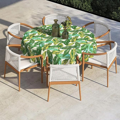 Outdoor/Indoor Round Tablecloth with Umbrella Hole Zipper, Decorative Circular Table Cover for Home Garden, 60 Inch, Lush Leaf Jungle