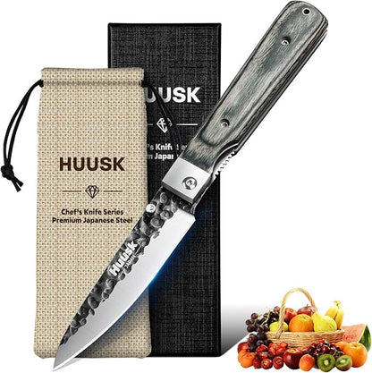 Huusk Japanese Folding Fruit Knife - Pocket Paring Knife with Ultra Sharp Blade - Hand Forged Kitchen Knives for BBQ, Camping and Travel - Gift for Men and Women
