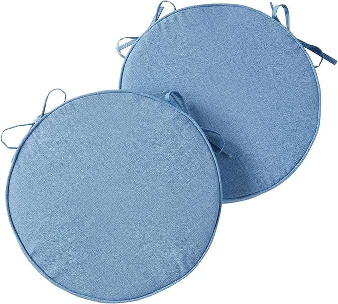Set of 2 Outdoor 18 inch Round Patio Dining Chair Pads – Comfortable Fiber-Filled Seat Cushions with Ties, Reversible Polyester Fabric - Denim