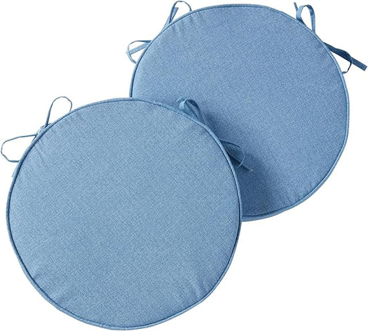 Set of 2 Outdoor 18 inch Round Patio Dining Chair Pads – Comfortable Fiber-Filled Seat Cushions with Ties, Reversible Polyester Fabric - Denim