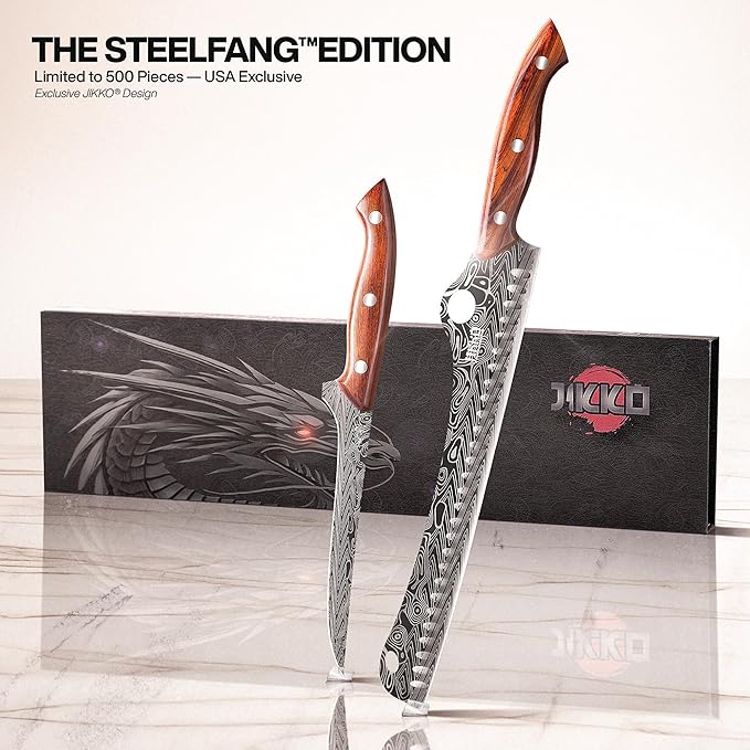 Jikko® SteelFang Edition – Japanese Brisket & Fillet Knife Set with Rosewood Handles | Premium Butcher & Carving Knives for Meat, BBQ, and Fish – Ultra Sharp High-Carbon Stainless Steel Blades