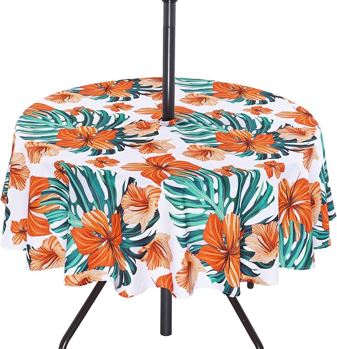 SquarePie Round Outdoor Talecloth with Umbrella Hole and Zipper 60 Inch,Water Resistant SpillProof Patio Table Cloth Cover for Spring Summer Camping Garden Poolside Picnic,Palm Leaf Orange Flower