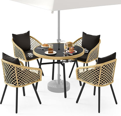 YITAHOME Outdoor Dining Set with Umbralle Hole, 5pcs All-Weather Rattan Patio Dining Set for 4 with Cup Holders Soft Cushions and Glass Top Dining Table for Patio Backyard Garden Bacony