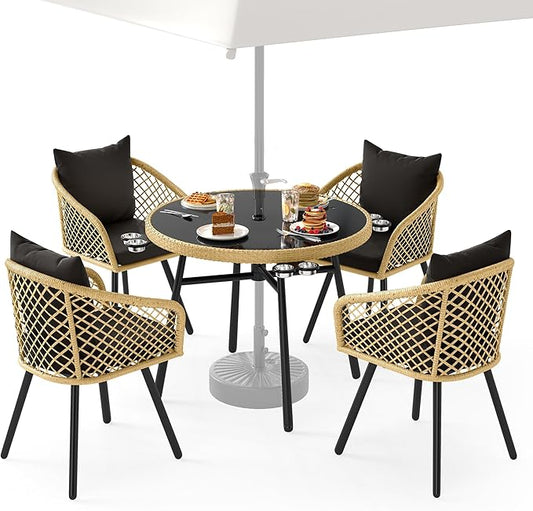YITAHOME Outdoor Dining Set with Umbralle Hole, 5pcs All-Weather Rattan Patio Dining Set for 4 with Cup Holders Soft Cushions and Glass Top Dining Table for Patio Backyard Garden Bacony