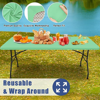 Moosfor 2 Pack Rectangle Spandex Fitted Table Cloth, 8FT Elastic Tablecloth | Washable Picnic Table Cover, Stretch Waterproof Table cloths for Party, Patio, Dining, Kitchen, 30" x 96", Bright Green