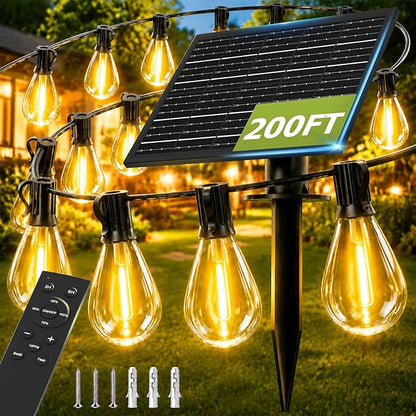 200FT Solar String Lights Outdoor, Dimmable Patio Lights Solar Powered with Remote & USB Port 72+2 LED Shatterproof Bulbs 3 Light Modes, Waterproof Solar Light for Camping Backyard Garden