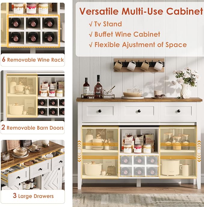 CABIHOME Farmhouse 47.2'' Buffet Cabinet with Sliding Barn Door, 33.4'' Tall Wood Rustic Sideboard with 3 Drawer, Adjustable Shelf and Removable Wine Rack for Dining Room, Kitchen, Living Room, White
