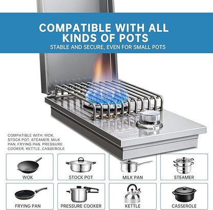 Built-in Single Side Grill Burner with Cover, Silver 304 Stainless Steel Side Burner for Outdoor Kitchen, Propane & Natural Gas, Outdoor BBQ for Family Patio Parties