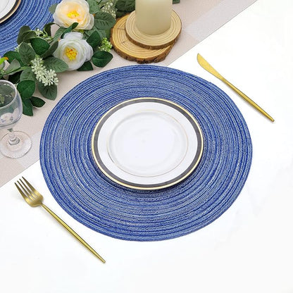 SHACOS Round Braided Placemats 15 inch Set of 4 Washable Cotton Polyester Braided Kitchen Table Placemats for Home Wedding Party (Blue White, 4)