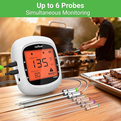 NutriChef Bluetooth Meat Thermometer for Grilling and Smoking, up to 6 Temperature Probes and Smart APP, 400 Ft Range, LCD