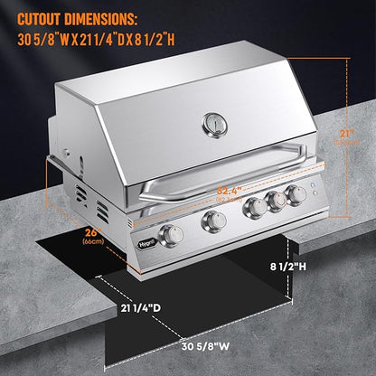 Hygrill Premium XTR 32-Inch Built In Grill, Stainless Steel 4-Burner Grill Head for Outdoor Kitchen with Rear Infrared Burner and LED Lights, Natural Gas