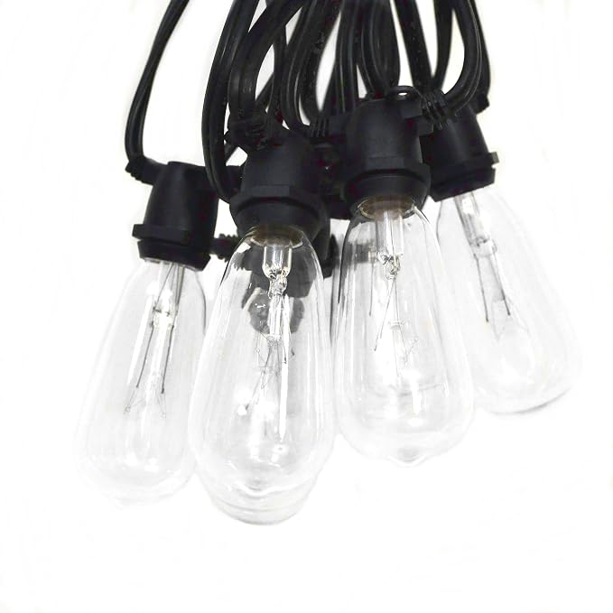 Commercial Vintage Edison String Lights (PS50 Clear - Black Wire, 50 Foot) | ST40 Clear 7 Watt Bulbs, 50 Foot 40 Socket, Commercial Grade Outdoor Lights