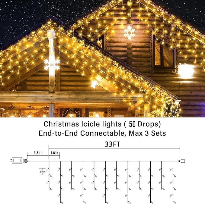 Joomer 33FT Christmas Icicle Lights Outdoor Connectable Warm White | 50 Drops 8 Modes Timer Waterproof Plug-in String Light for Christmas Party, holiday Eaves Roof yard Xmas Decorations