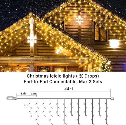 Joomer 33FT Christmas Icicle Lights Outdoor Connectable Warm White | 50 Drops 8 Modes Timer Waterproof Plug-in String Light for Christmas Party, holiday Eaves Roof yard Xmas Decorations