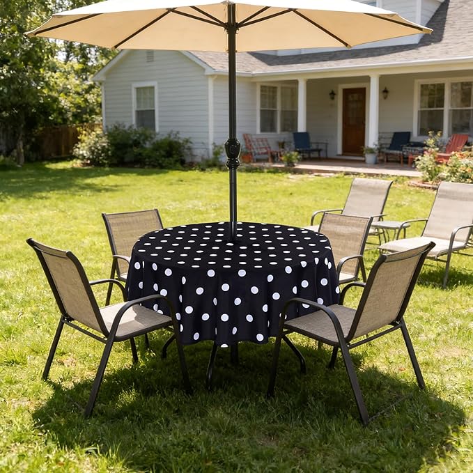 Poise3EHome Round Outdoor Tablecloth with Umbrella Hole and Zipper,Black Dot 60 Inch,Polyester SpillProof Washable Table Cloth for Spring Summer Patio Garden Poolside Picnic Camping BBQS