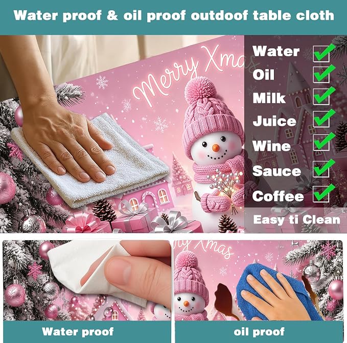 Pink Christmas Snowman Picnic Table Cover with Bench Covers and Bag, Winter Camping Tablecloth Waterproof Windproof Elastic Edges Fitted Rectangle Tables RV Gear Campers Must Have, 3 Pcs, 30x96 Inch