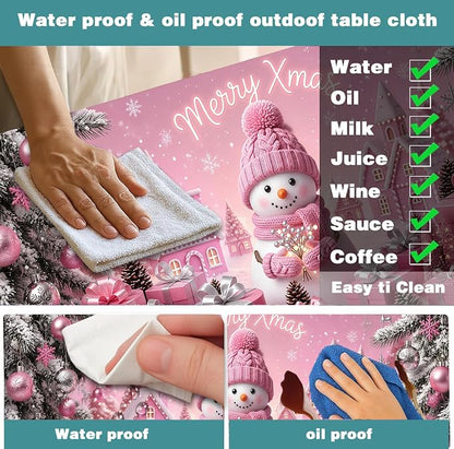 Pink Christmas Snowman Picnic Table Cover with Bench Covers and Bag, Winter Camping Tablecloth Waterproof Windproof Elastic Edges Fitted Rectangle Tables RV Gear Campers Must Have, 3 Pcs, 30x96 Inch