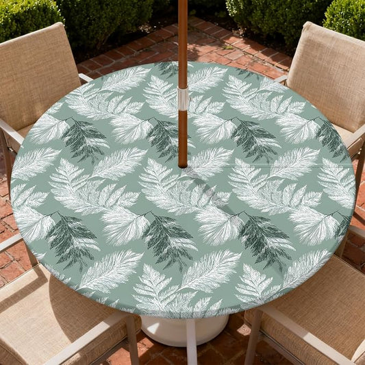 Outdoor Tablecloth with Umbrella Hole and Zipper Fits 61-65" Tables | Waterproof Round Fitted Tablecloth with Elastic Edge, Wipeable Outdoor Table Cover for Patio, Garden, Picnic