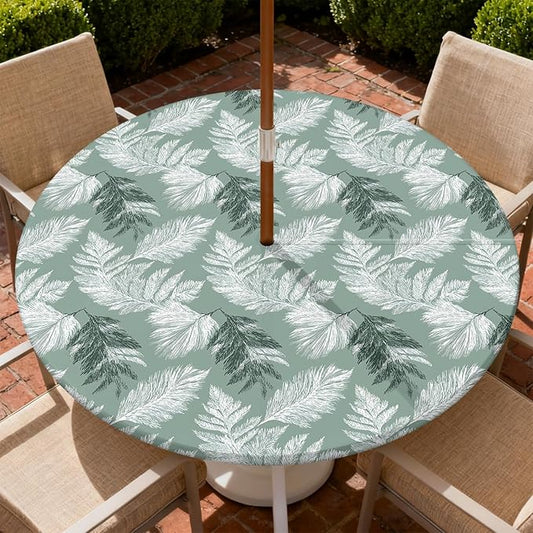 Outdoor Tablecloth with Umbrella Hole and Zipper Fits 32-36" Tables | Waterproof Round Fitted Tablecloth with Elastic Edge, Wipeable Outdoor Table Cover for Patio, Garden, Picnic