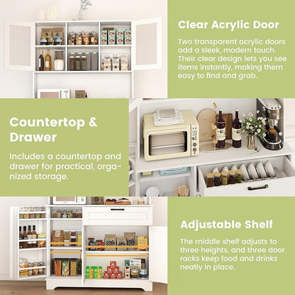 WAYTRIM Kitchen Hutch Cabinet with Storage, White Pantry Cabinet with 4 Doors and Shelves, Pantry Cabinet with Microwave Shelf & Drawers & Adjustable Shelves for Kitchen Dining Room Furniture
