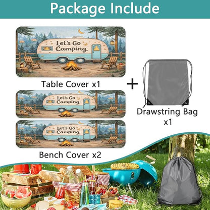 Fitted Picnic Table Cover with Bench Covers and Bag, Forest RV Campfire Tent Waterproof Windproof Outdoor Tablecloth with Elastic Edges for Indoor & Outdoor, Garden, Camping, 3 PCS 30x60 Inch