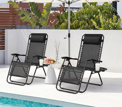 Alpen Zero Gravity Lounge Chair Set of 2, Patio Chair for Beach Pool, Black | Chaise Lounge Chairs for Outside, Portable Camping Chairs with Pillow and Cup Holder, Outdoor Recliner for Beach Camping