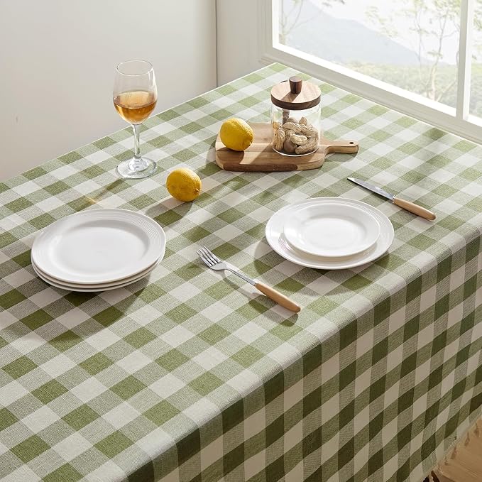 Softalker Outdoor Checkered Tablecloth Square, Spring Summer Linen Cotton Gingham Table Cloth with Tassel, Heavy Duty Wrinkle Free Buffalo Plaid Table Cover for Picnic Camping - 55 x 55 Inch, Sage