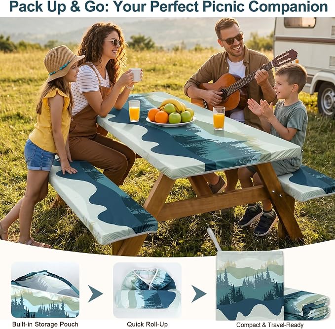 Picnic Table Cover with Bench Covers Windproof Waterproof Picnic Table Covers Camping Tablecloth with Self-Storage Bag, 72in, Green Blue
