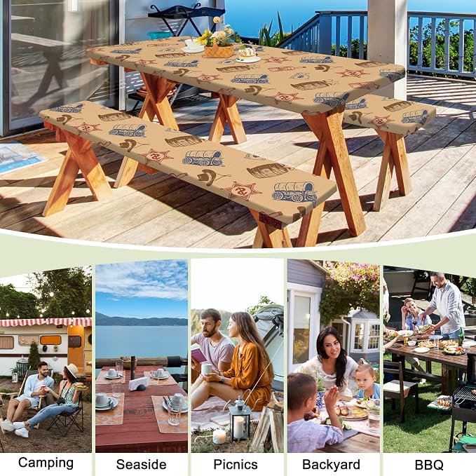 Picnic Table and Bench Cover Set, Waterproof Fitted Elastic Cloth | Portable Camping Essentials With Built-In Storage Pocket And Waterproof Fabric For Outdoor RV Or Picnic Table Use