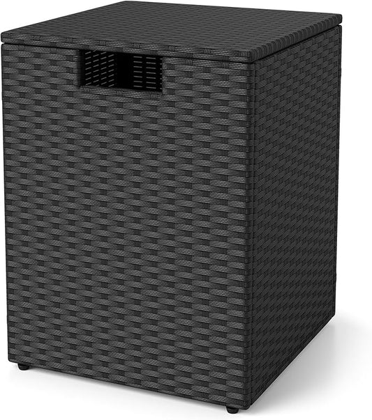 Tangkula Wicker Propane Tank Cover Table, 20 LB Gas Tank Holder Storage Box with Flip Lid & Adjustable Foot Pads, 16" Outdoor Rattan Hideaway Table for Gas Fire Pit, Grill, Griddle & Stove (Black)