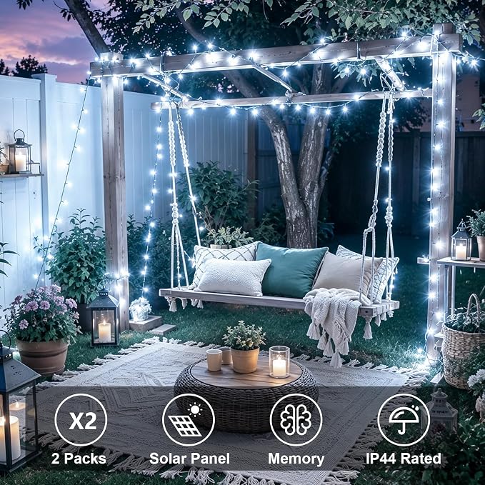 QITONG 2 Pack White Solar String Lights, Each 33ft 100 LED Outdoor Solar Fairy Lights Waterproof, 8 Modes Green Wire Solar Christams Light for Garden Patio Yard Tree Party Decor