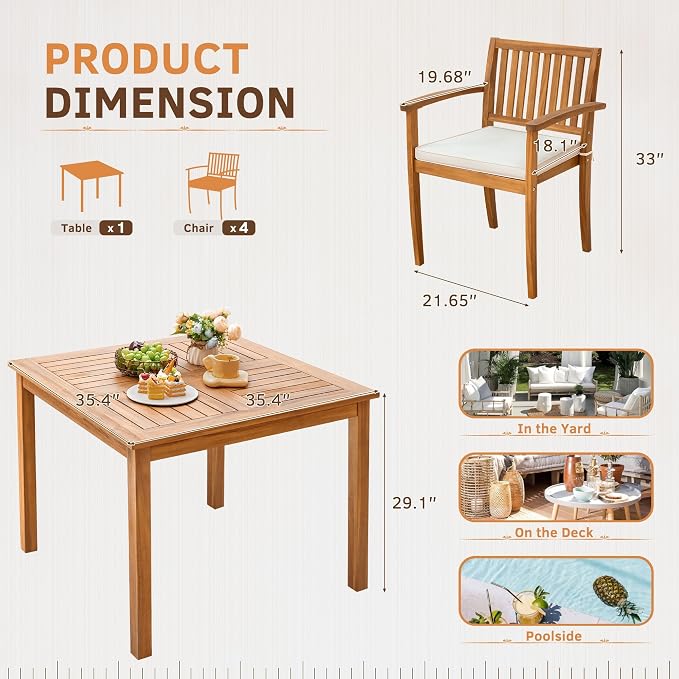 Greesum 5 Piece Patio Dining Set Outdoor Solid Wood Furniture w/Square Tabletop & 4 Chairs for Yard, Garden, Porch, White