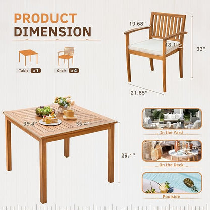 Greesum 5 Piece Patio Dining Set Outdoor Solid Wood Furniture w/Square Tabletop & 4 Chairs for Yard, Garden, Porch, White