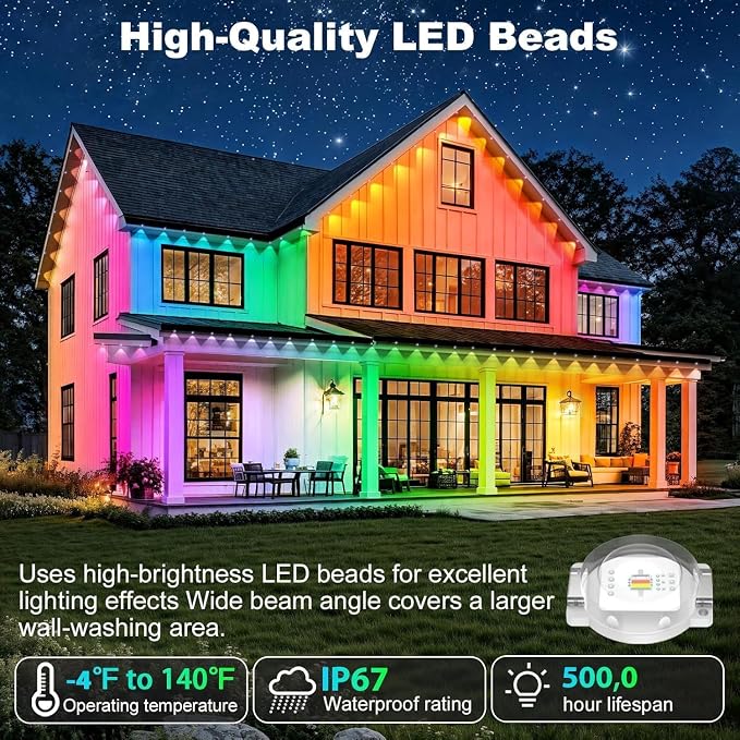 RCUICA 500FT Permanent Outdoor Lights Waterproof with Smart App Control Remote,DIY Scene Modes,Music Sync hronization,Eaves Lights for Garden Decor,Deck,Christmas (500FT)