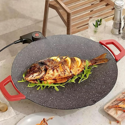 Electric Smokeless Grill, Non-Stick BBQ Griddle with Temperature Control, Round Cooking Surface with Red Handles, Indoor Barbecue Pan for Meat and Seafood (15.7)