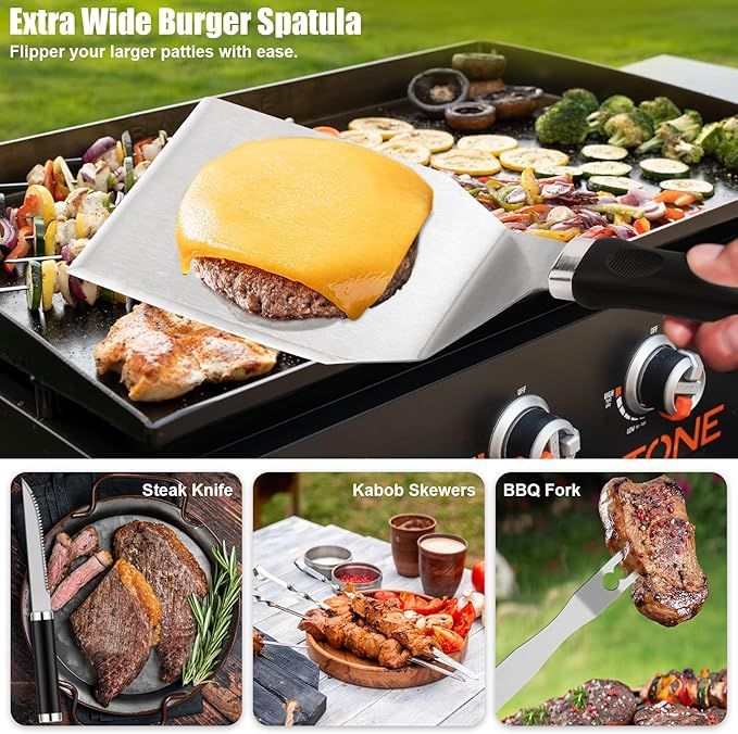 RINPIR 42pcs Griddle Accessories Kit for Blackstone, Flat Top Grill Spatula Set with Enlarged Spatulas, Melting Dome and Burger Press, Professional Hibachi Tools Gifts for Outdoor BBQ Teppanyaki