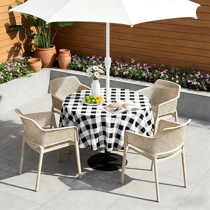 Poise3EHome Round Outdoor Tablecloth with Umbrella Hole and Zipper,Black and White Gingham 70 Inch,SpillProof Washable Table Cloth for Spring Summer Patio Garden Poolside Picnic Camping BBQS