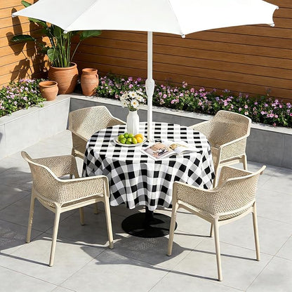 Poise3EHome Round Outdoor Tablecloth with Umbrella Hole and Zipper,Black and White Gingham 70 Inch,SpillProof Washable Table Cloth for Spring Summer Patio Garden Poolside Picnic Camping BBQS