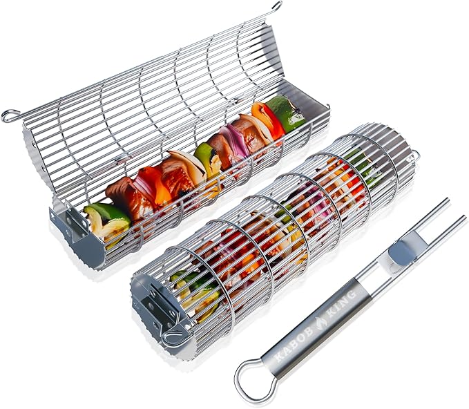 ORIGINAL Rolling Grill Basket Set of 2 w/Detachable Handle. Stainless Steel construction 2 sizes for Outdoor Camping Tailgating Grilling Vegetables