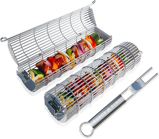ORIGINAL Rolling Grill Basket Set of 2 w/Detachable Handle. Stainless Steel construction 2 sizes for Outdoor Camping Tailgating Grilling Vegetables