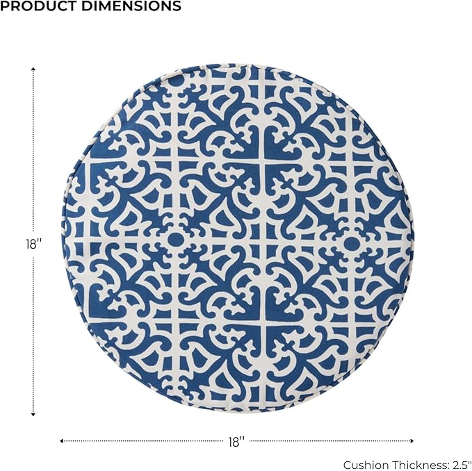 Set of 2 Outdoor 18 inch Round Patio Dining Chair Pads – Comfortable Fiber-Filled Seat Cushions with Ties, Reversible Polyester Fabric - Indigo Blue Lattice