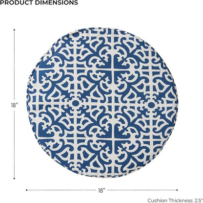 Set of 2 Outdoor 18 inch Round Patio Dining Chair Pads – Comfortable Fiber-Filled Seat Cushions with Ties, Reversible Polyester Fabric - Indigo Blue Lattice