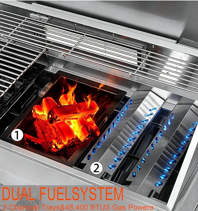 28in Gas Grill Built-In Head, 5-Burner Propane Grill, Natural Gas/Charcoal Convertible,Heavy Duty 304 Stainless Steel with Rear Burner，63100-BTUs BBQ Island Kitchen Gas Grill Outdoor Cooking