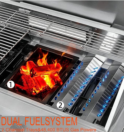 28in Gas Grill Built-In Head, 5-Burner Propane Grill, Natural Gas/Charcoal Convertible,Heavy Duty 304 Stainless Steel with Rear Burner，63100-BTUs BBQ Island Kitchen Gas Grill Outdoor Cooking