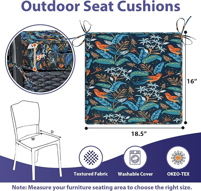 IPYNBAP Outdoor Chair Cushions Set of 4 -Waterproof Outdoor Seat Cushions for Patio Furniture, Patio Chair Cushion with Handle and Ties, Out Door Chair Pads,18.5x16x3-Square, Black Nightingale